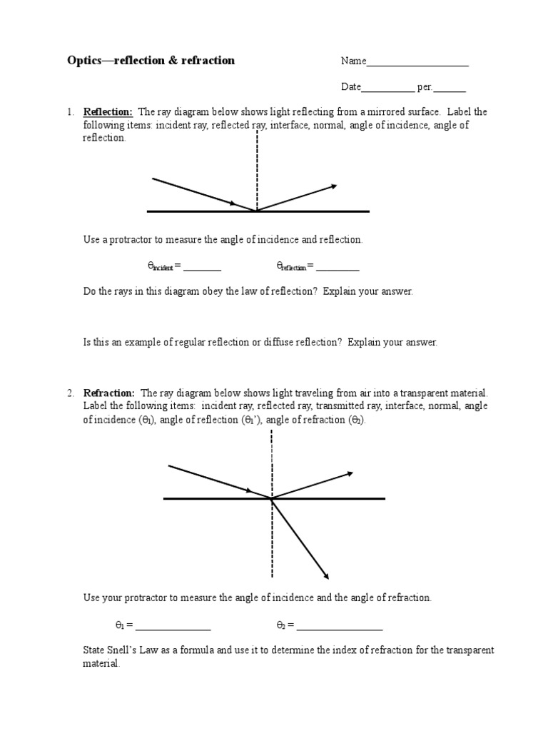 Optics Worksheet PDF Reflection (Physics) Refraction