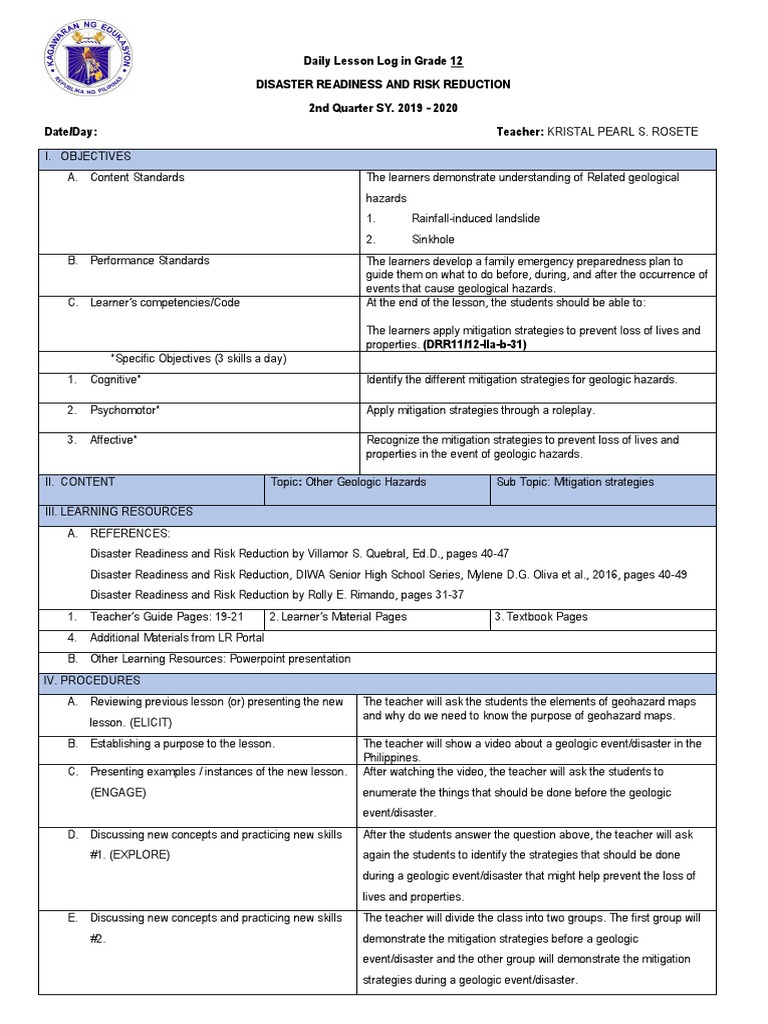 Grade 12 Disaster Readiness Lesson Plan | PDF | Emergency Management ...