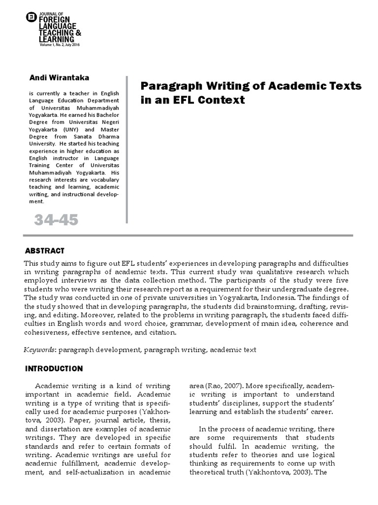 Paragraph Writing of Academic Texts in An EFL Context Foreign Language