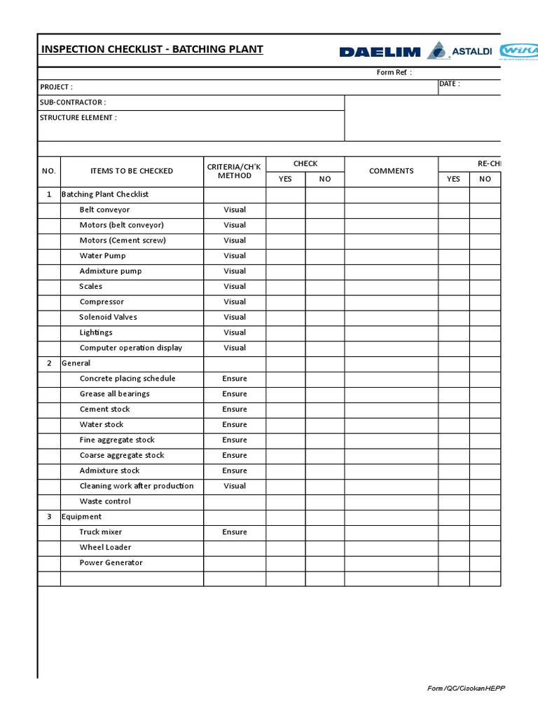 Batching Plant Inspection Checklist | PDF | Finance & Money Management ...