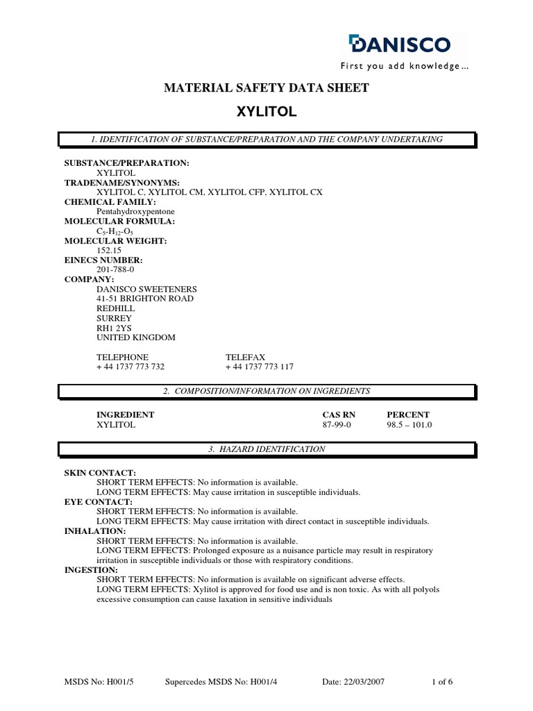 Xylitol Material Safety Data Sheet Download Free PDF Toxicity