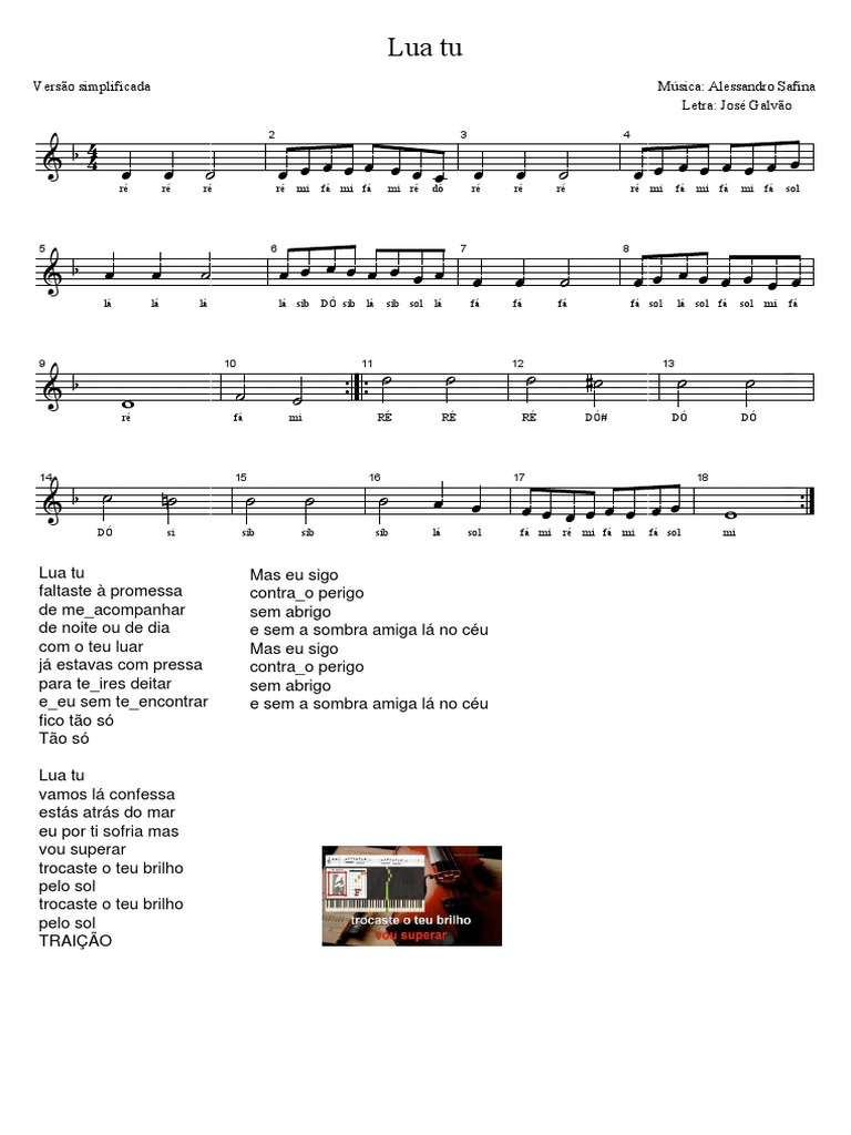 Lua Tu - Letra e Partitura Educacao Musical Jose Galvao CL | PDF ...