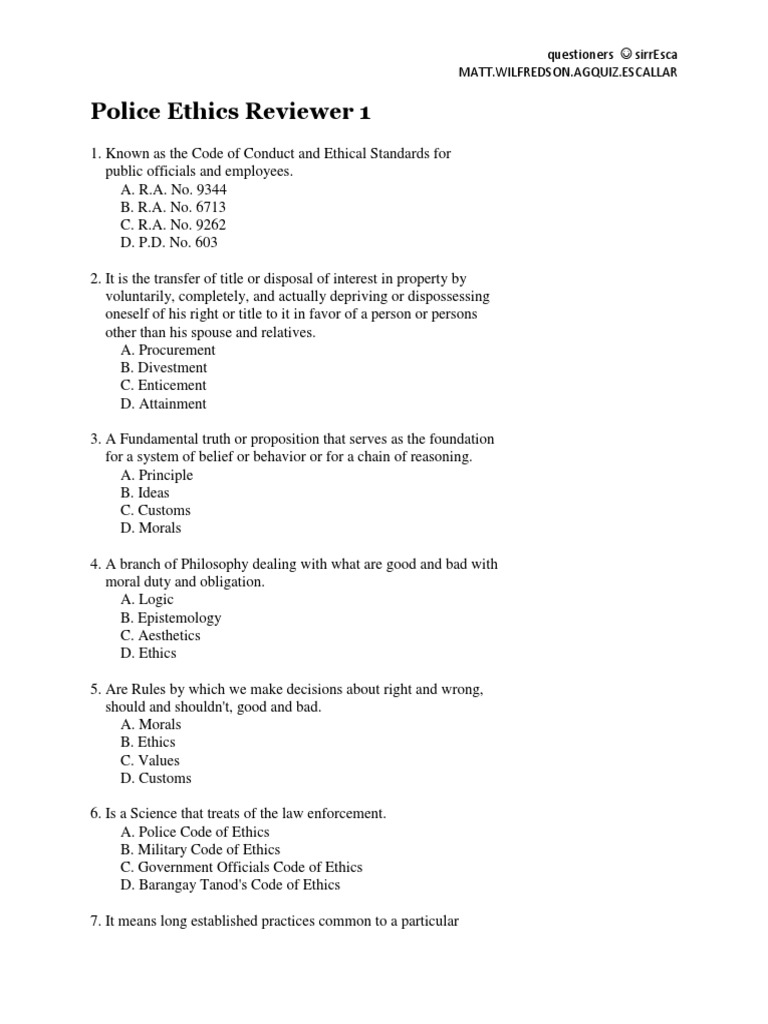 Police Ethics Reviewer 1 Pdf Value Ethics Morality