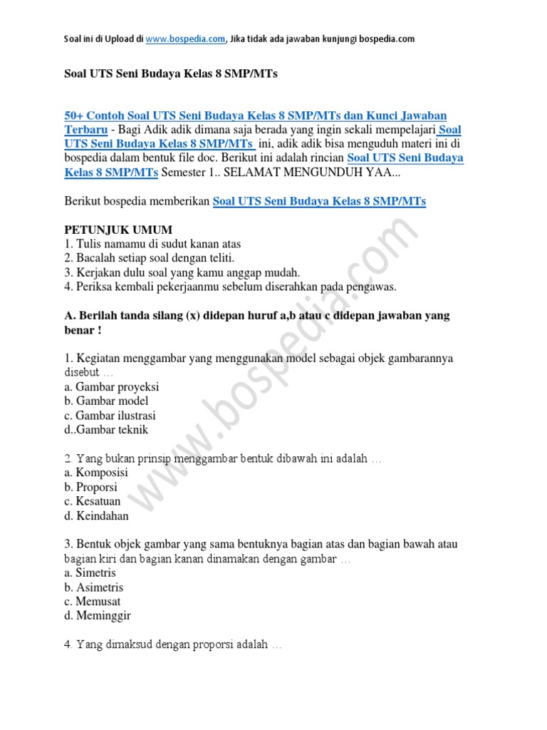 50 Contoh Soal Uts Seni Budaya Kelas 8 Smp Mts Dan Kunci