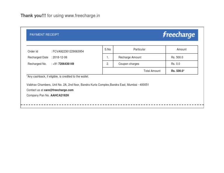 Freecharge Payment Receipt Confirmation | PDF