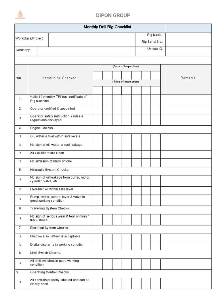 Pilling Machine Checklist PDF