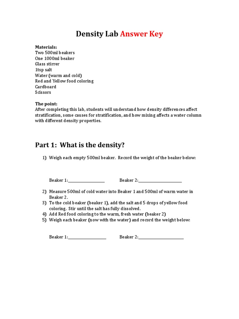Density Lab Answer Key PDF Density Transparent Materials