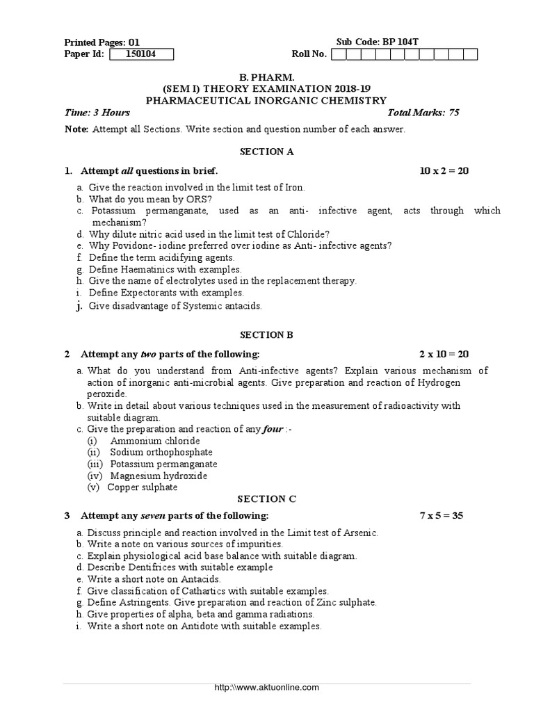 AKTU Pharmaceutical Inorganic Chemistry Exam | PDF | Inorganic ...