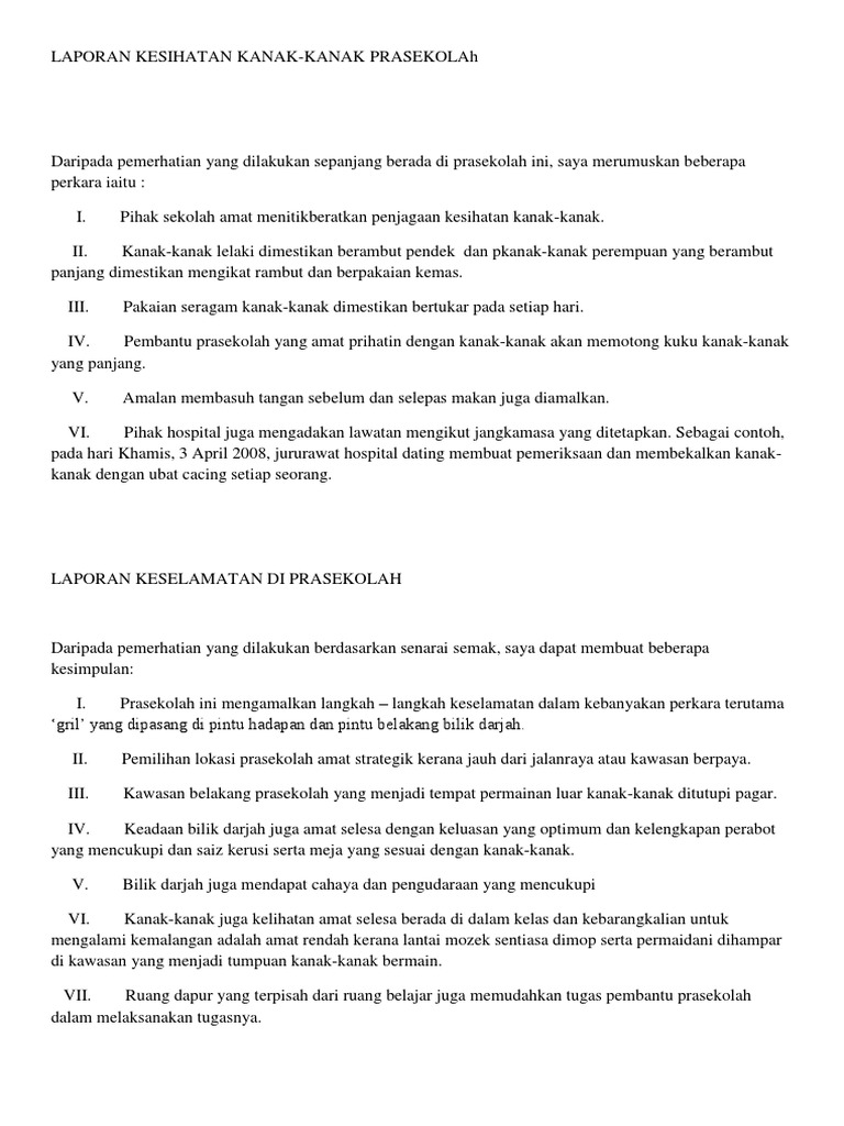 Laporan Kesihatan Kanak Contoh Pdf