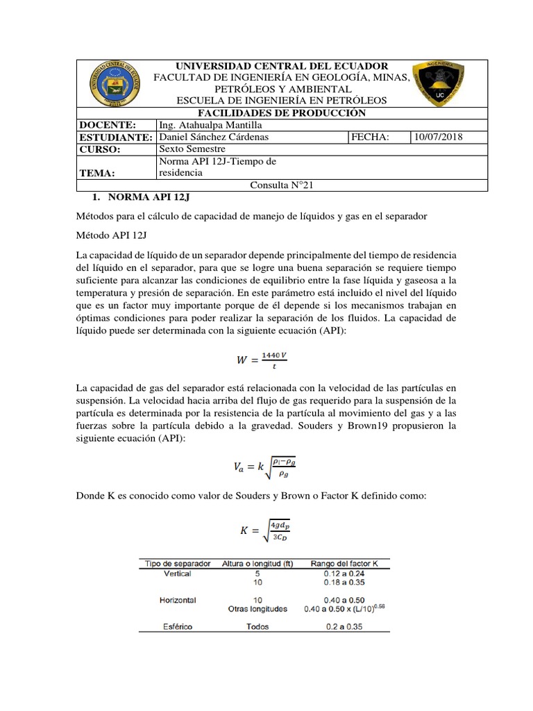 Norma API 12J: Tiempo de Residencia | PDF | Líquidos | Fases de la materia