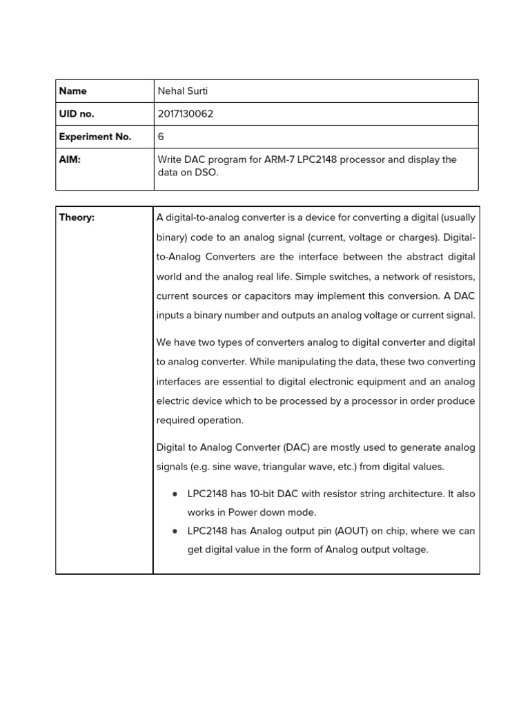 DAC Program for ARM-7 LPC2148 | PDF | Digital To Analog Converter ...