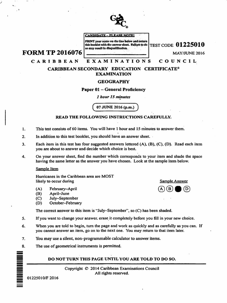 CSEC Geography Paper 01 2016