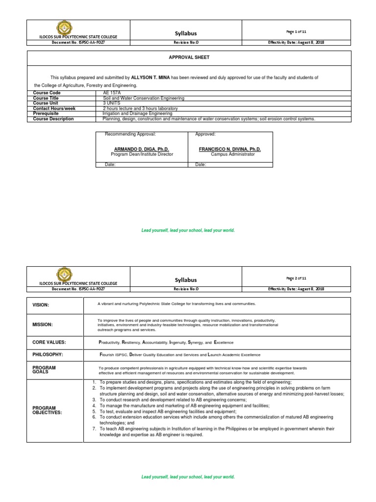 AE 157A Soil and Water Conservation Eng'G Syllabus PDF Spillway