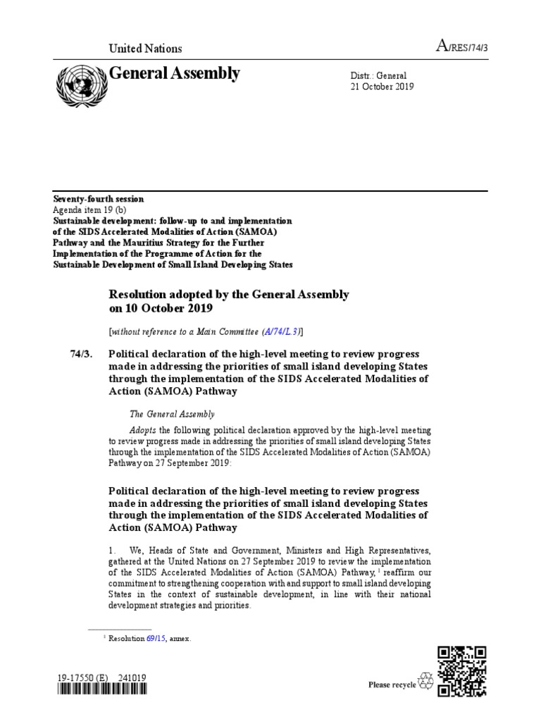 SAMOA Pathway Political Declaration 2019 | PDF | Sustainability ...