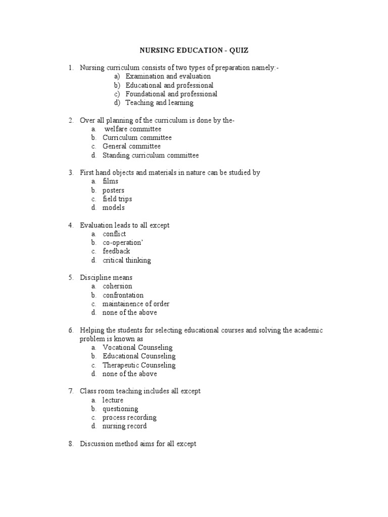 Nursing Education Quiz Programme Curriculum Cognition