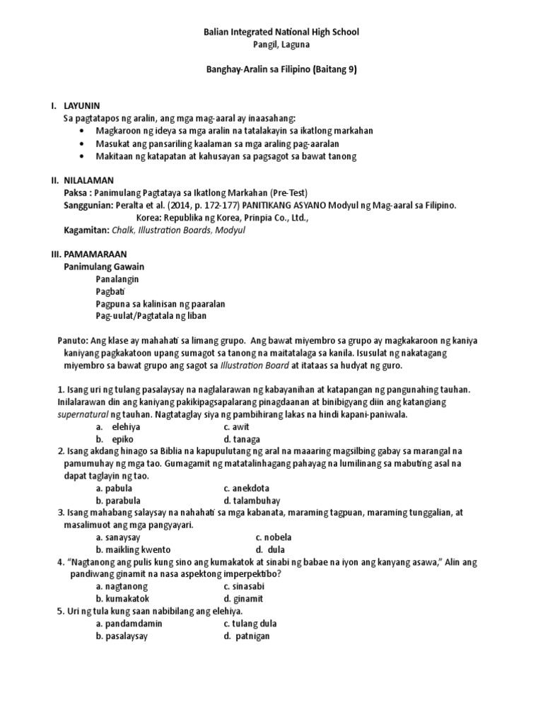 Filipino 9 3rd Quarter Pre-Test | PDF