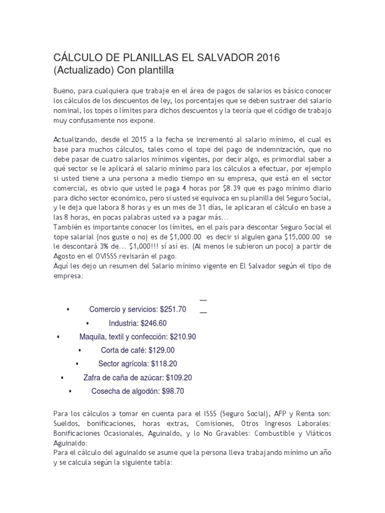 Cálculo de Descuentos y Salarios El Salvador | PDF | Salario mínimo ...