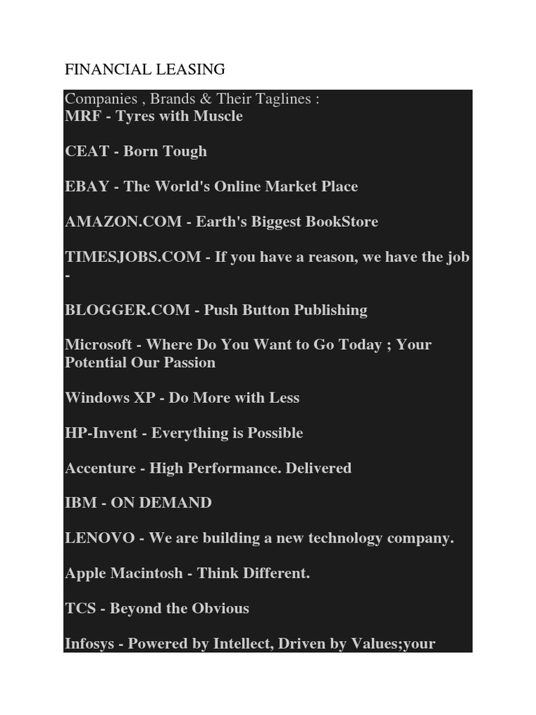 Taglines of Leading Brands and Companies | PDF | Companies | Business
