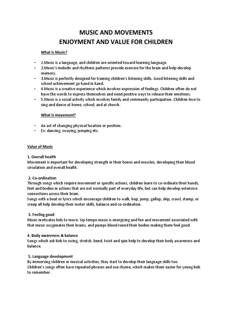Music and Movements Enjoyment and Value For Children | PDF | Dances ...
