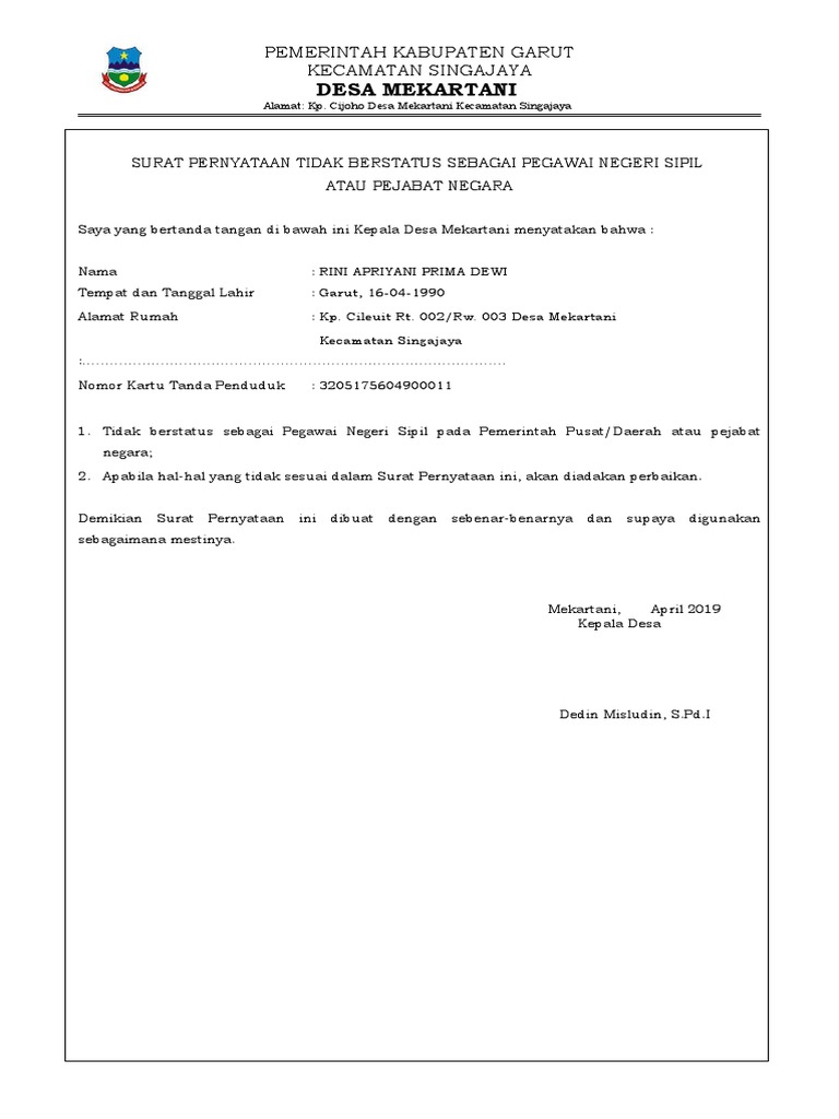 Contoh Surat Pernyataan Bukan Pns Dari Desa