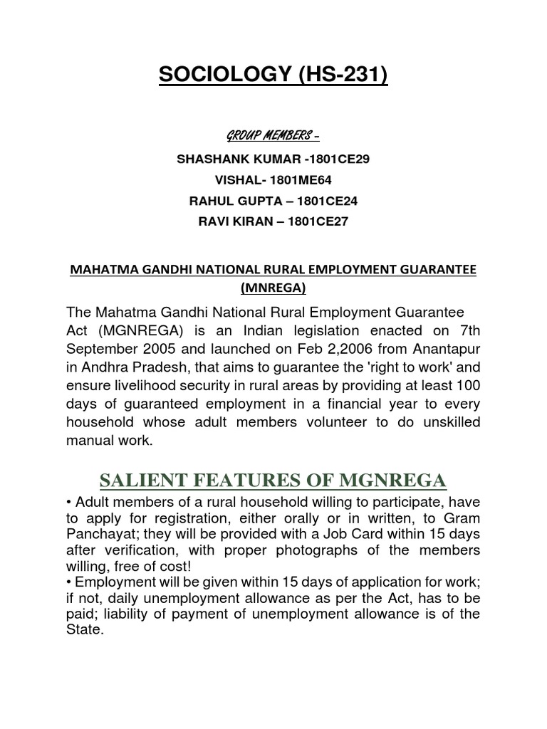 SOCIOLOGY (HS-231) : Salient Features of Mgnrega | PDF