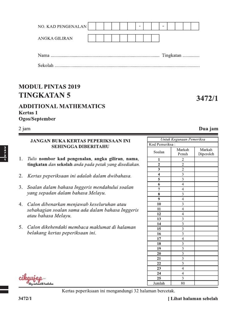 Kertas 1 Matematik Tambahan Set 2 Negeri Selangor 2019 Pdf