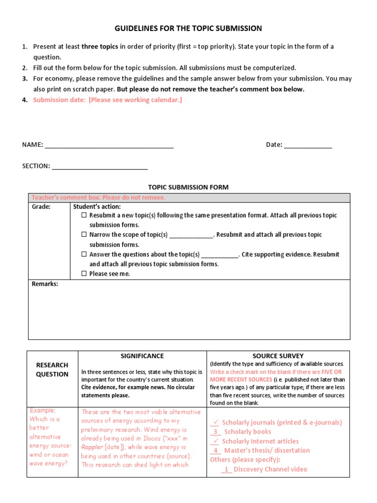 Guidelines For The Topic Submission: Submission Date: (Please See ...