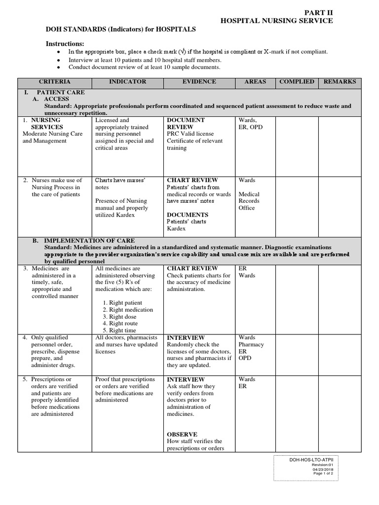 DOH STANDARDS (Indicators) For HOSPITALS Instructions Hospital Nursing Service PDF Medical