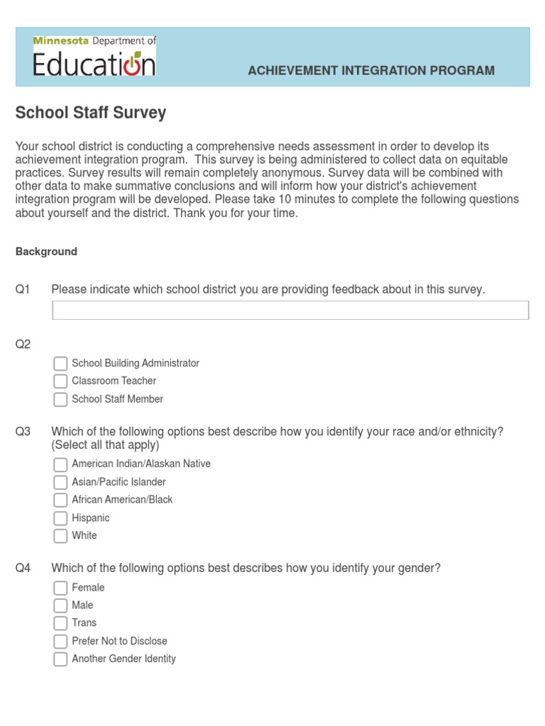 School Staff Survey: Achievement Integration Program | PDF | Community ...