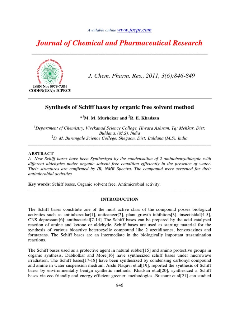 Synthesis of Schiff Bases Without Solvents | PDF | Amine | Organic ...