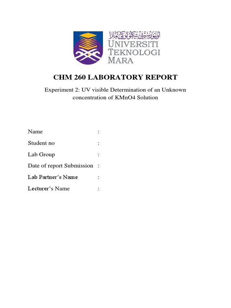 CHM 260 Laboratory Report Experiment 2 Uv Visible Determination of An