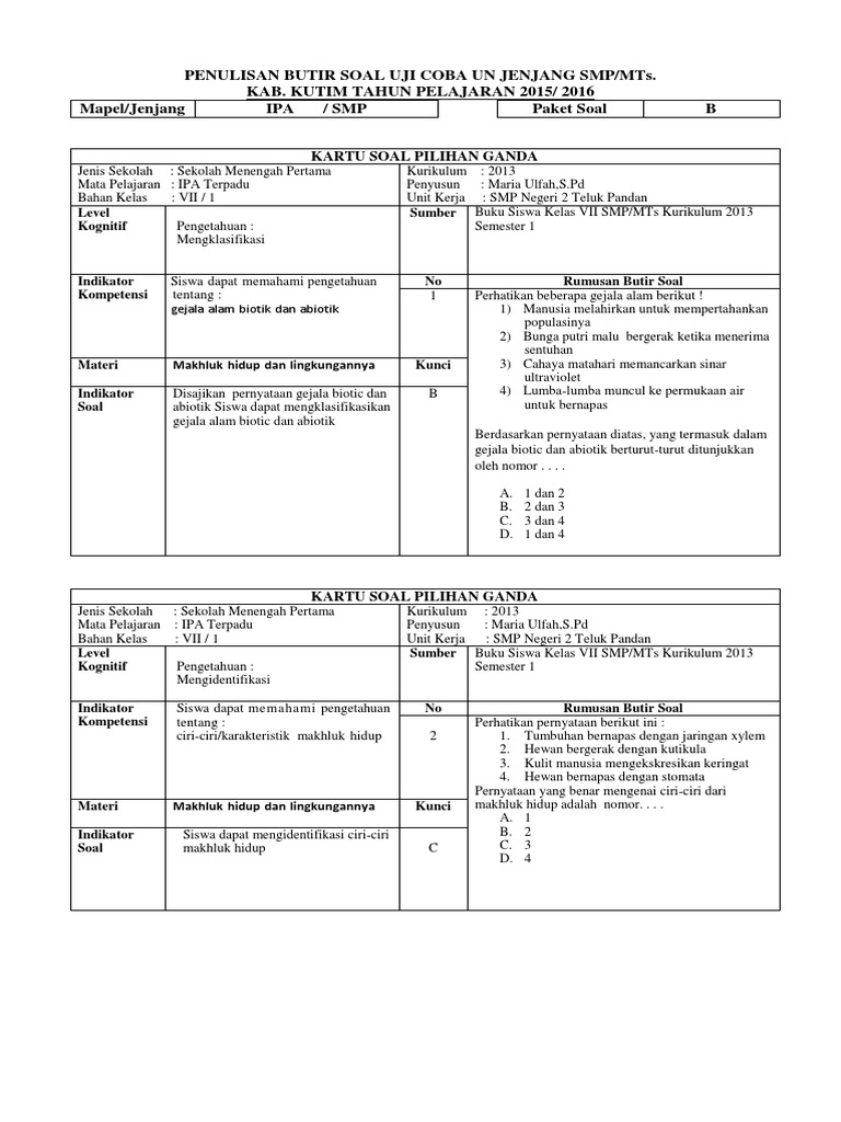 Kartu Soal Ipa Paket B