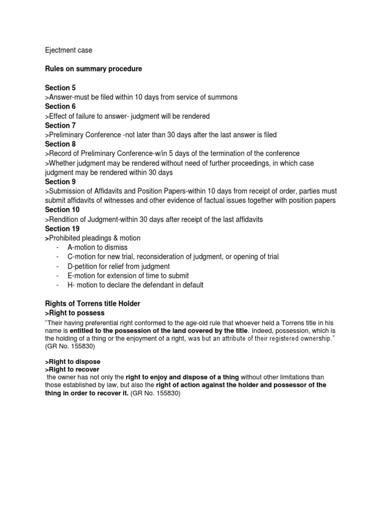 Summary of Key Procedural Rules and Rights of a Torrens Title Holder in
