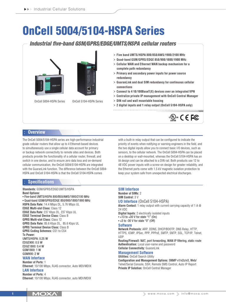 Oncell 5004/5104-Hspa Series: Industrial Five-Band Gsm/Gprs/Edge/Umts ...