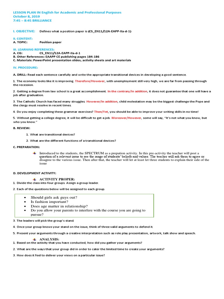 Position Paper Lesson Plan Overview | PDF | Educational Assessment ...