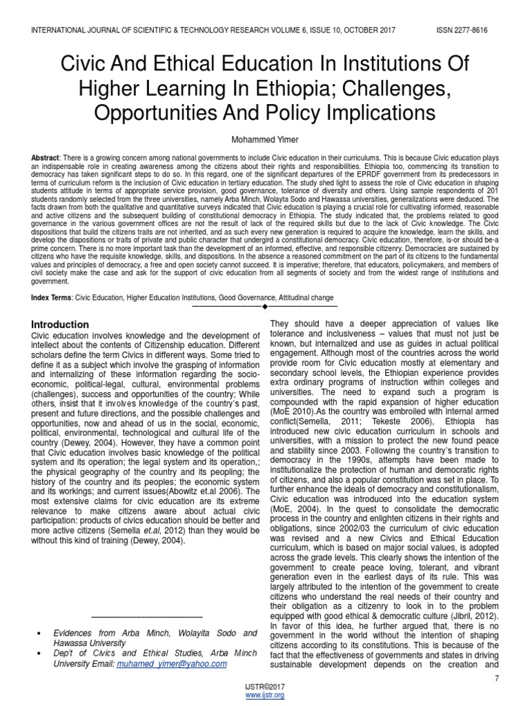 Civic and Ethical Education in Institutions of Higher Learning in ...