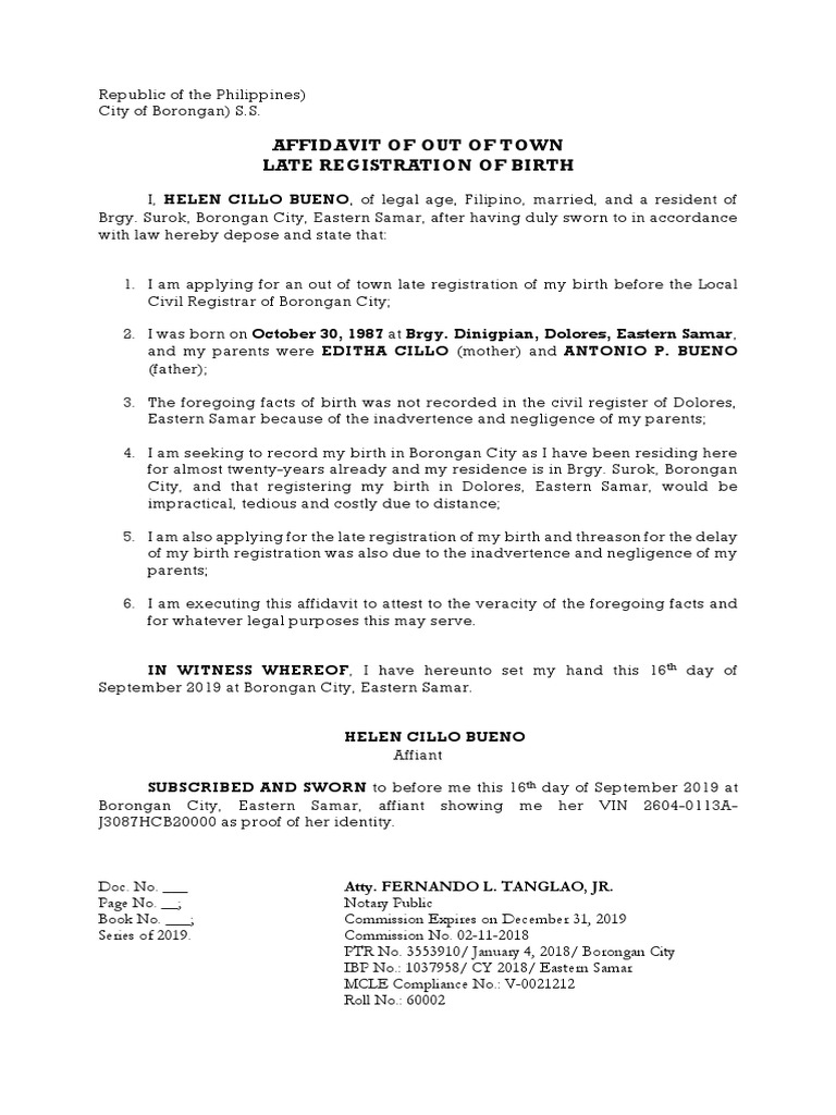 Application for Late Registration of Birth in Borongan City Due to ...