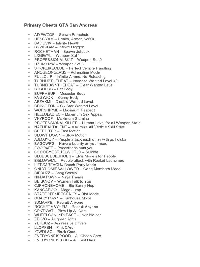 Primary Cheats GTA San Andreas PDF Vehicles 1716045788