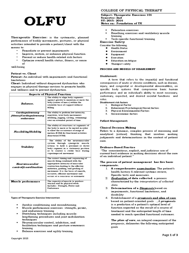 Foundation Handout For Physical Therapy Students in OLFU | PDF ...