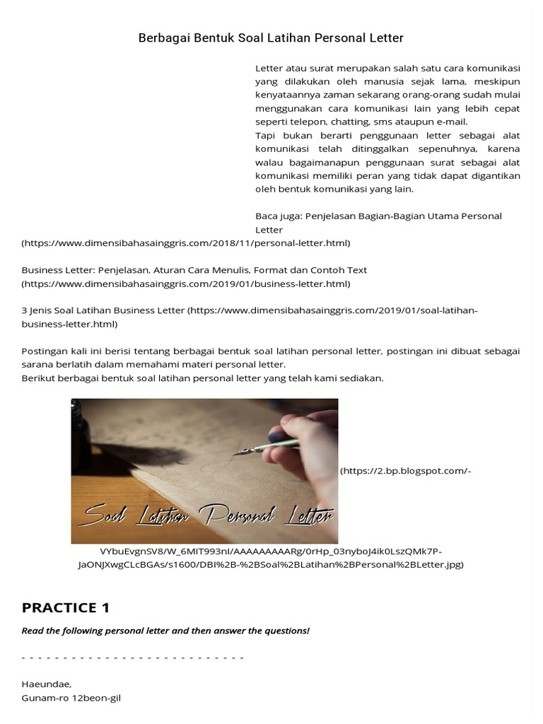 Berbagai Bentuk Soal Latihan Personal Letter Dimensi Bahasa Inggris