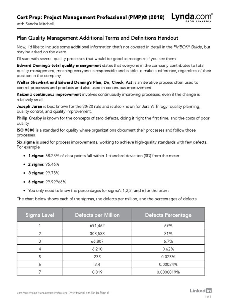 PMP - Plan Quality Management Additional Terms and Definitions | PDF ...