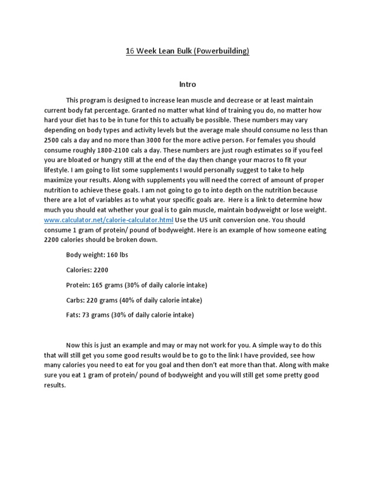 16-Week Lean Bulk Powerbuilding Plan | PDF | Calorie | Dieting