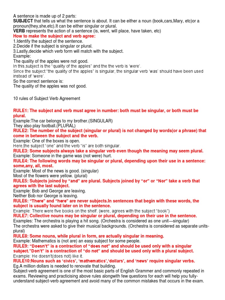Subject-Verb Agreement Rules Explained | PDF | Grammatical Number ...