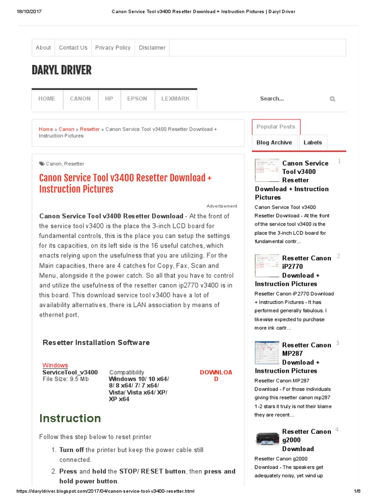 Software Canon Resetter Service Tool V3400