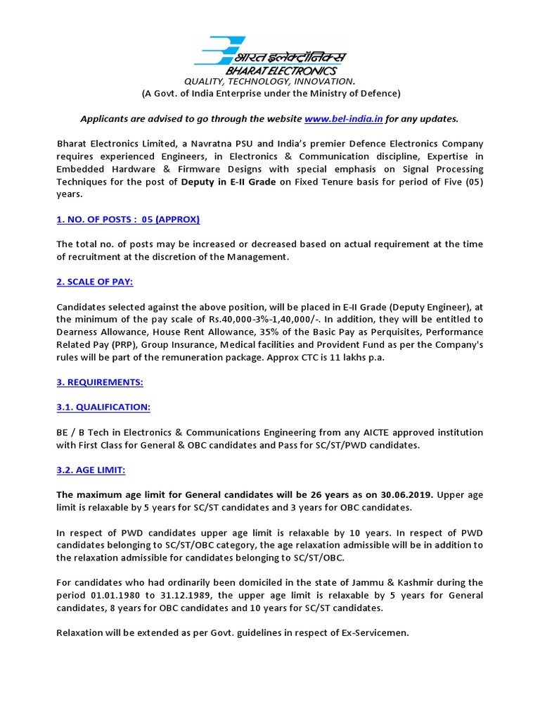 BEL Deputy Engineer Recruitment 2019 | PDF | Field Programmable Gate ...