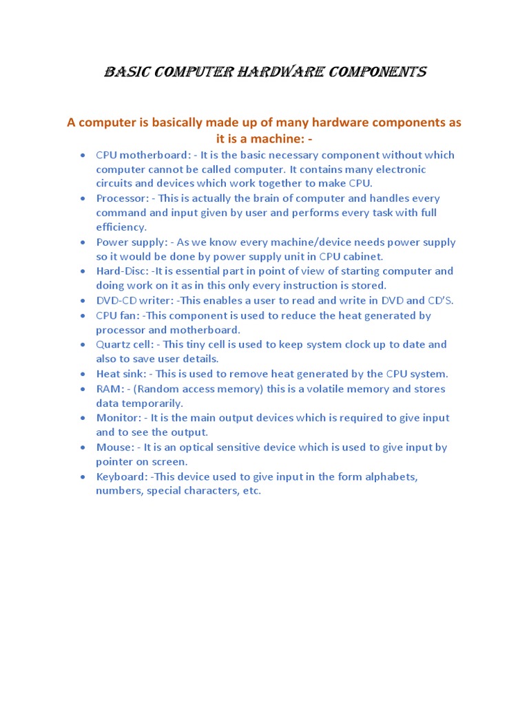 Basic Computer Hardware Components Pdf