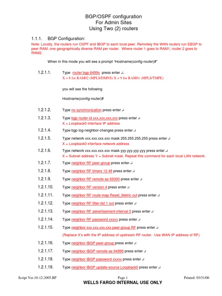 BGP/OSPF Setup for WF Admins | PDF | Router (Computing) | Network Layer ...
