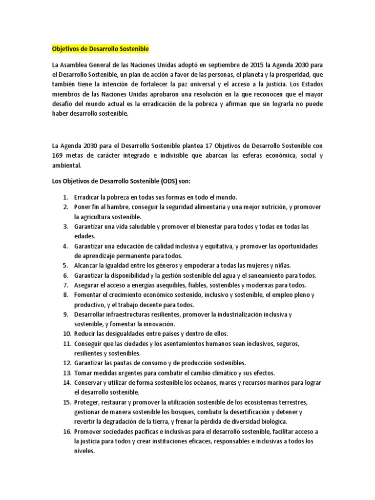 Resumen de los 17 ODS de la Agenda 2030 | PDF | Desarrollo sostenible ...