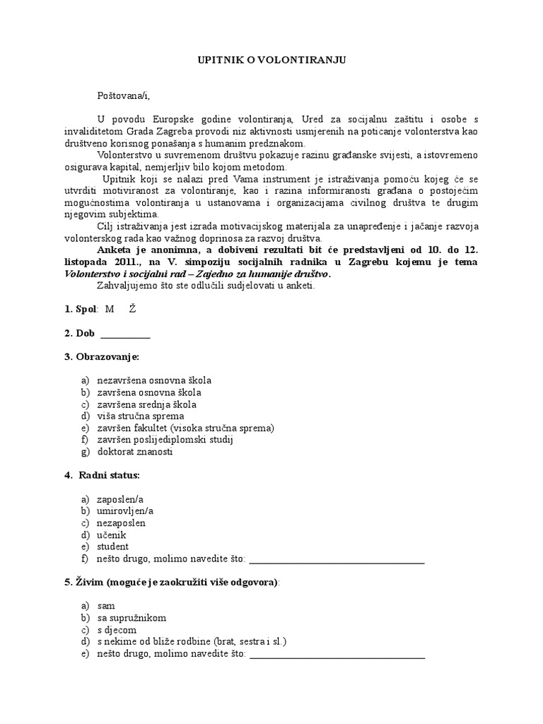 UPITNIK Volonteri | PDF
