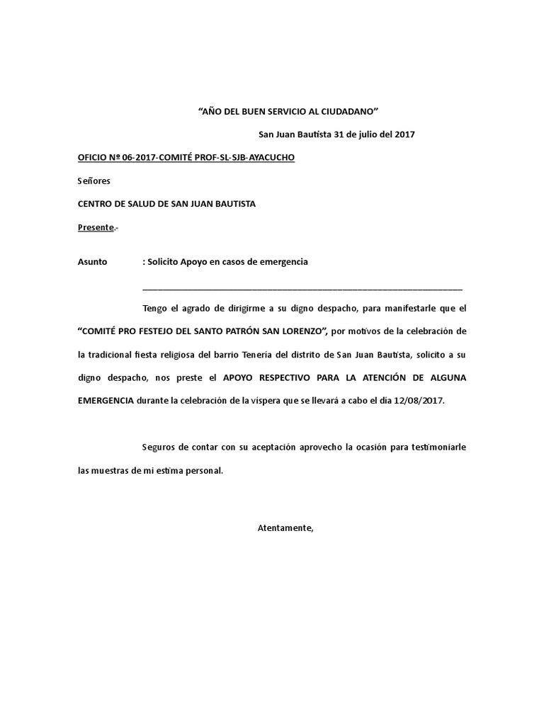 Solicitud de apoyo y permisos para la realización de la fiesta patronal